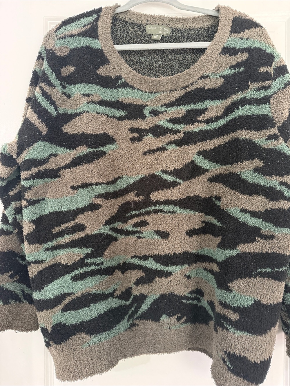 Barefoot Dreams Abstract Stripe Crewneck Sweater in Mint, Taupe & Black